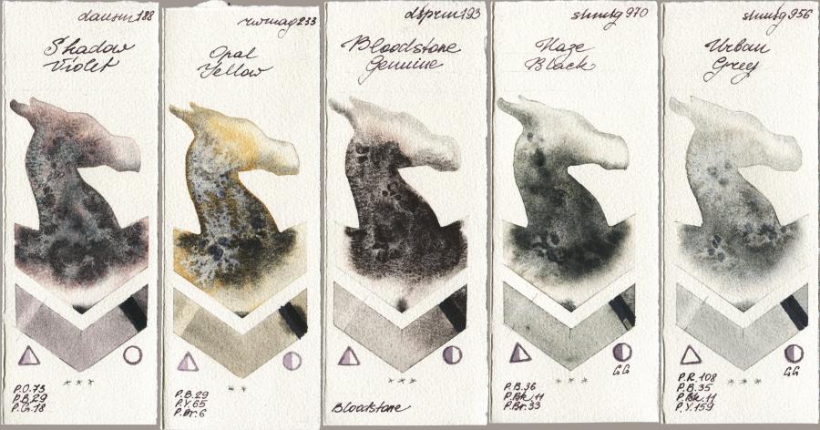 Daniel Smith 188 Shadow Violet vs Rockwell 233 Opal Yellow vs 193 Bloodstone Genuine vs Shminke Horadam Aquarell 970 Haze Black vs 956 Urban Grey watercolor swatch