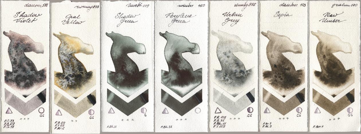 Daniel Smith 188 Shadow Violet, Rockwell 233 Opal Yellow, Holbein Artists Watercolor 079 Shadow Green, Winsor & Newton Professional 460 Perylene Green, Shminke Horadam Aquarell 956 Urban Grey, 103 Sepia, M. Graham & Co. Artists 170 Raw Umb watercolor swatch