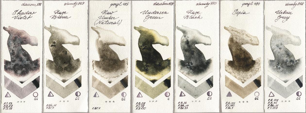 Daniel Smith 188 Shadow Violet, Shminke Horadam Aquarell 969 Haze Brown, Golden QOR 485 Raw Umber (Natural), 109 Undersea Green, 970 Haze Black, 490 Sepia, 956 Urban Gr watercolor swatch