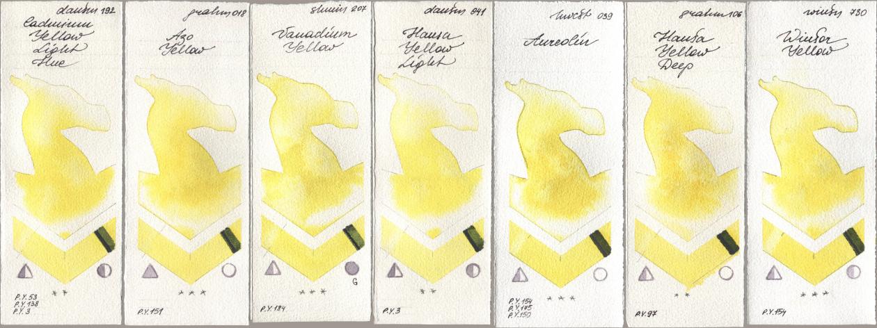 Daniel Smith 192 Cadmium Yellow Light Hue, M. Graham & Co. Artists 018 Azo Yellow, Shminke Horadam Aquarell 207 Vanadium Yellow, 041 Hansa Yellow Light, Holbein Artists Watercolor 039 Aureolin, 106 Hansa Yellow Deep, Winsor & Newton Professional 730 Winsor Yell watercolor swatch