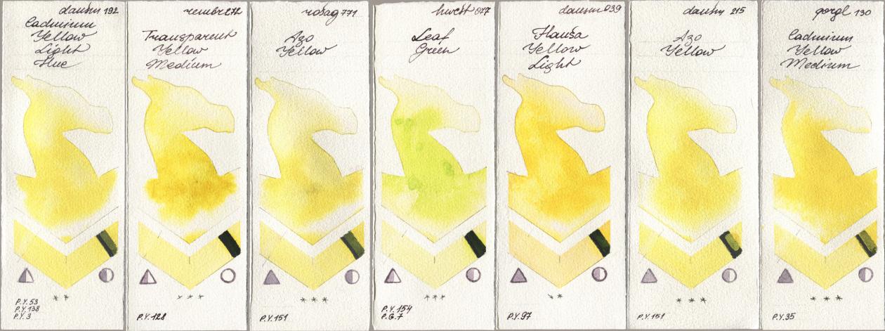 Daniel Smith 192 Cadmium Yellow Light Hue, Royal Talens Rembrandt Watercolour 272 Transparent Yellow Medium, Rosa Gallery 771 Azo Yellow, Holbein Artists Watercolor 077 Leaf Green, 039 Hansa Yellow Light, 215 Azo Yellow, Golden QOR 130 Cadmium Yellow Medi watercolor swatch