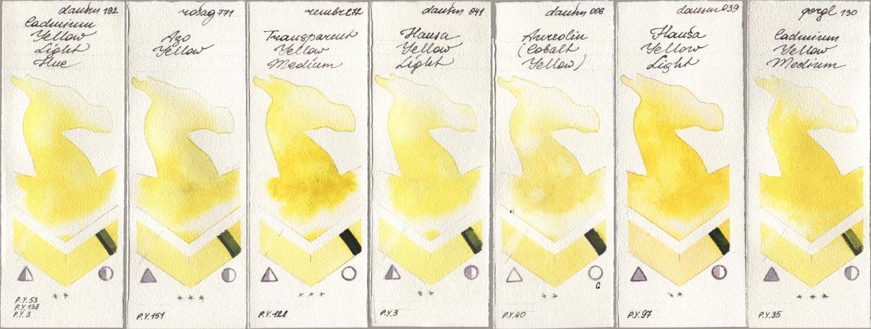 Daniel Smith 192 Cadmium Yellow Light Hue, Rosa Gallery 771 Azo Yellow, Royal Talens Rembrandt Watercolour 272 Transparent Yellow Medium, 041 Hansa Yellow Light, 006 Aureolin (Cobalt Yellow), 039 Hansa Yellow Light, Golden QOR 130 Cadmium Yellow Medi watercolor swatch