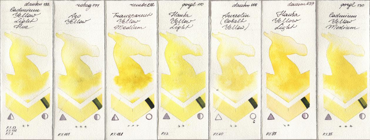 Daniel Smith 192 Cadmium Yellow Light Hue, Rosa Gallery 771 Azo Yellow, Royal Talens Rembrandt Watercolour 272 Transparent Yellow Medium, Golden QOR 110 Hansa Yellow Light, 006 Aureolin (Cobalt Yellow), 039 Hansa Yellow Light, 130 Cadmium Yellow Medi watercolor swatch