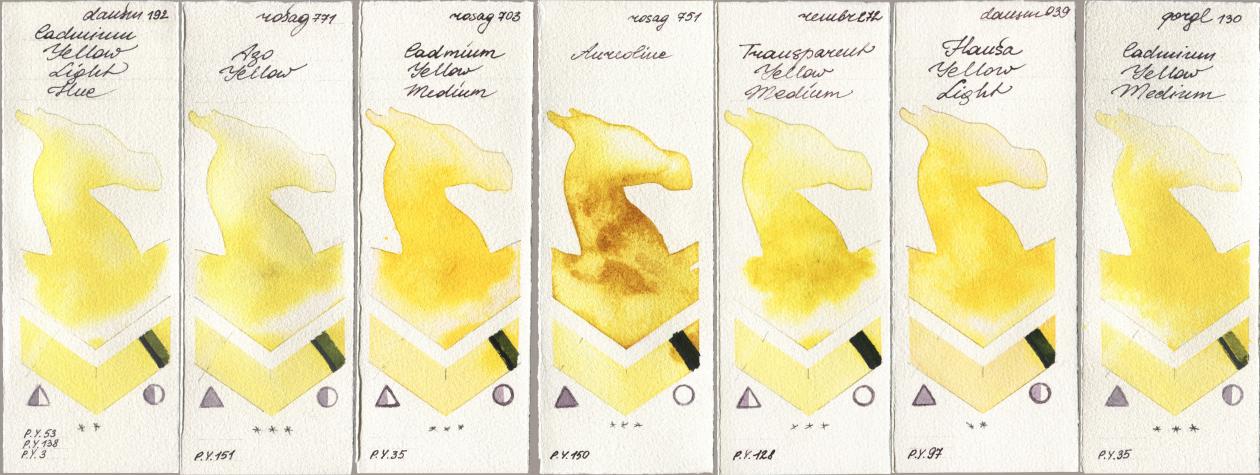 Daniel Smith 192 Cadmium Yellow Light Hue, Rosa Gallery 771 Azo Yellow, 703 Cadmium Yellow Medium, 751 Aureoline, Royal Talens Rembrandt Watercolour 272 Transparent Yellow Medium, 039 Hansa Yellow Light, Golden QOR 130 Cadmium Yellow Medi watercolor swatch