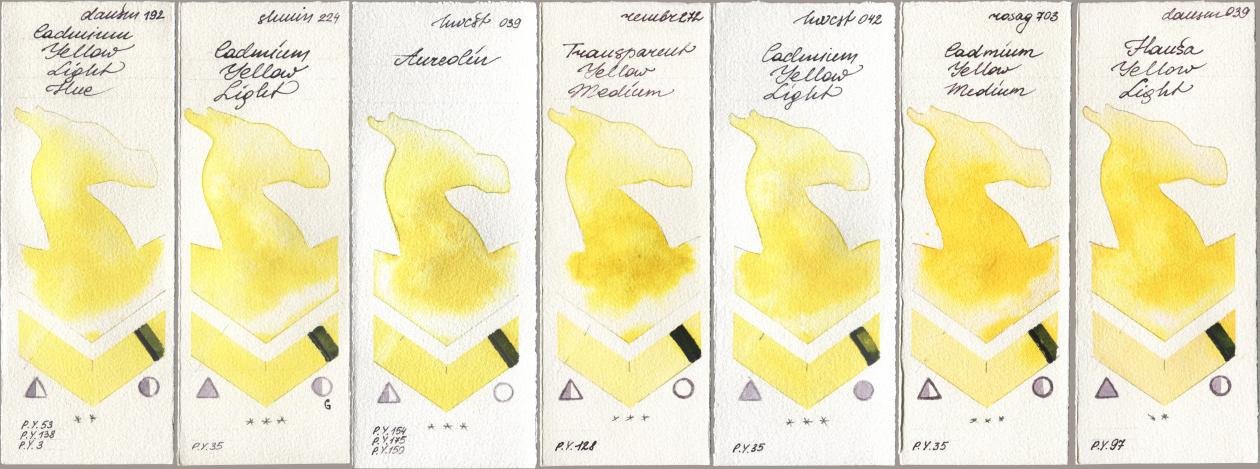 Daniel Smith 192 Cadmium Yellow Light Hue, Shminke Horadam Aquarell 224 Cadmium Yellow Light, Holbein Artists Watercolor 039 Aureolin, Royal Talens Rembrandt Watercolour 272 Transparent Yellow Medium, 042 Cadmium Yellow Light, Rosa Gallery 703 Cadmium Yellow Medium, 039 Hansa Yellow Lig watercolor swatch