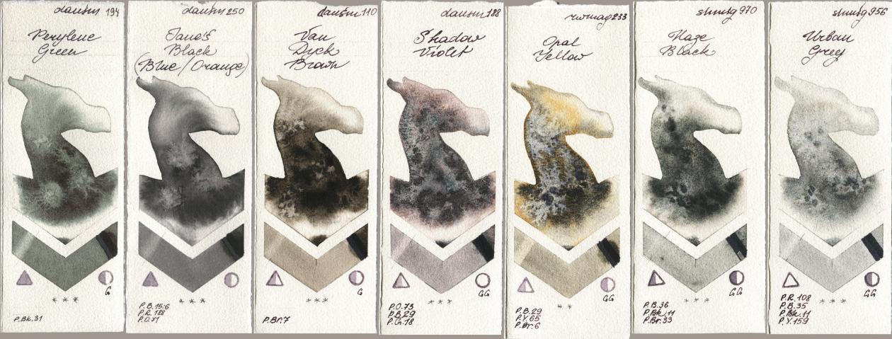 Daniel Smith 194 Perylene Green, 250 Janes Black (Blue/Orange), 110 Van Dyck Brown, 188 Shadow Violet, Rockwell 233 Opal Yellow, Shminke Horadam Aquarell 970 Haze Black, 956 Urban Gr watercolor swatch