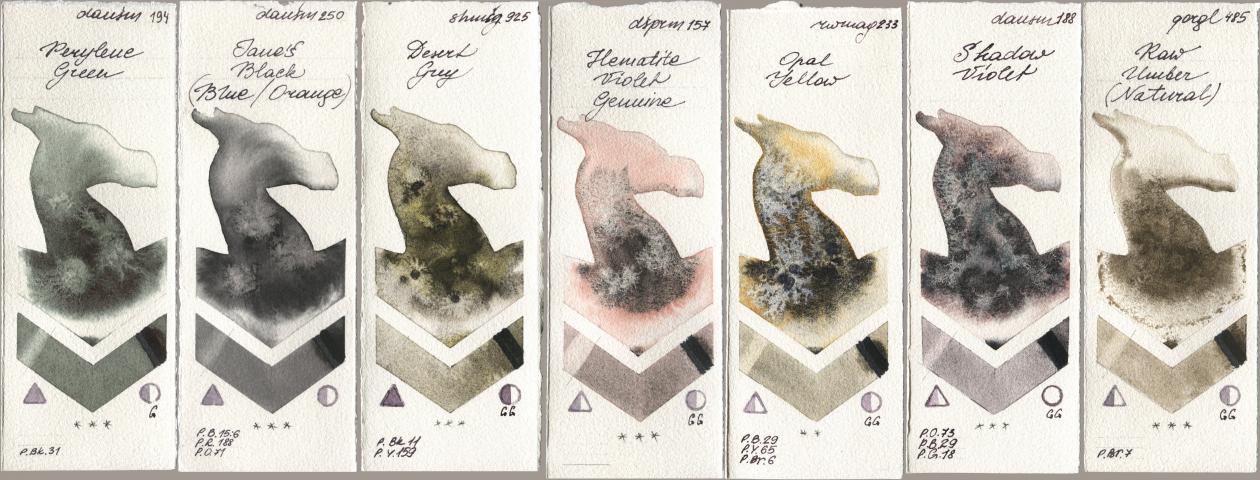 Daniel Smith 194 Perylene Green, 250 Janes Black (Blue/Orange), Shminke Horadam Aquarell 925 Desert Grey, 157 Hematite Violet Genuine, Rockwell 233 Opal Yellow, 188 Shadow Violet, Golden QOR 485 Raw Umber (Natura watercolor swatch