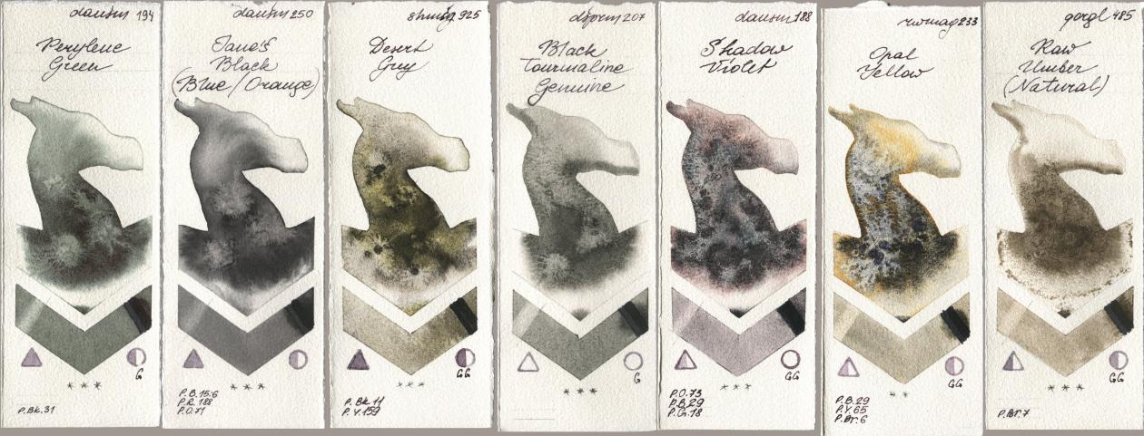 Daniel Smith 194 Perylene Green, 250 Janes Black (Blue/Orange), Shminke Horadam Aquarell 925 Desert Grey, 207 Black Tourmaline Genuine, 188 Shadow Violet, Rockwell 233 Opal Yellow, Golden QOR 485 Raw Umber (Natura watercolor swatch