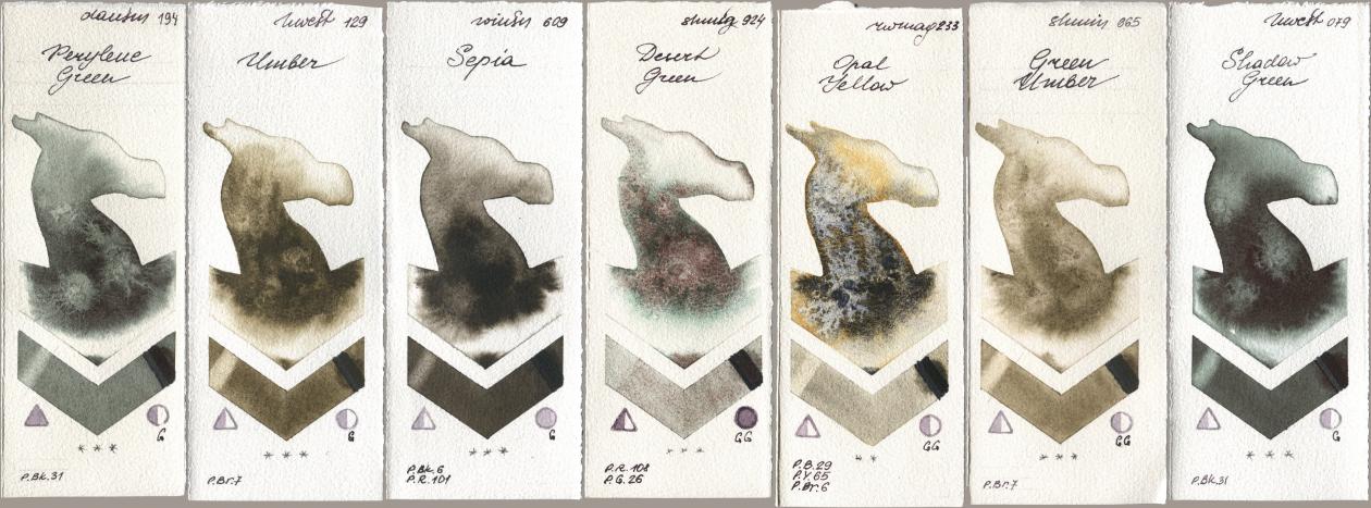 Daniel Smith 194 Perylene Green, Holbein Artists Watercolor 129 Umber, Winsor & Newton Professional 609 Sepia, Shminke Horadam Aquarell 924 Desert Green, Rockwell 233 Opal Yellow, 665 Green Umber, 079 Shadow Gre watercolor swatch