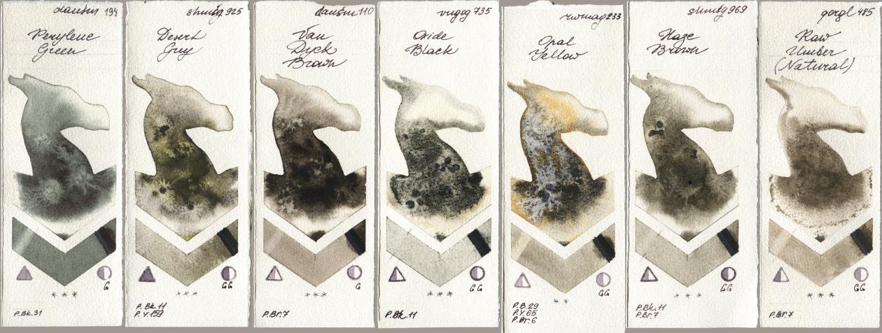 Daniel Smith 194 Perylene Green, Shminke Horadam Aquarell 925 Desert Grey, 110 Van Dyck Brown, Royal Talens Van Gogh Watercolour 735 Oxide Black, Rockwell 233 Opal Yellow, 969 Haze Brown, Golden QOR 485 Raw Umber (Natura watercolor swatch