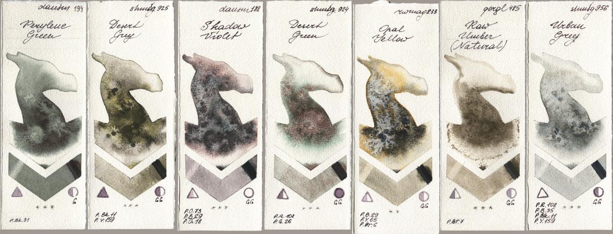 Daniel Smith 194 Perylene Green, Shminke Horadam Aquarell 925 Desert Grey, 188 Shadow Violet, 924 Desert Green, Rockwell 233 Opal Yellow, Golden QOR 485 Raw Umber (Natural), 956 Urban Gr watercolor swatch