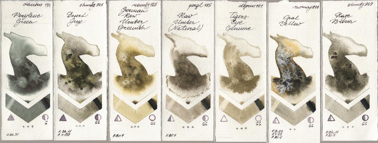Daniel Smith 194 Perylene Green, Shminke Horadam Aquarell 925 Desert Grey, Roman Szmal Aquarius 125 German Raw Umber Greenish, Golden QOR 485 Raw Umber (Natural), 161 Tigers Eye Genuine, Rockwell 233 Opal Yellow, 969 Haze Bro watercolor swatch