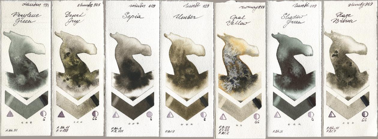 Daniel Smith 194 Perylene Green, Shminke Horadam Aquarell 925 Desert Grey, Winsor & Newton Professional 609 Sepia, Holbein Artists Watercolor 129 Umber, Rockwell 233 Opal Yellow, 079 Shadow Green, 969 Haze Bro watercolor swatch