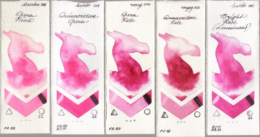 Daniel Smith 198 Opera Pink, Holbein Artists Watercolor 013 Opera (Quinacridone Opera), Rosa Gallery 744 Opera Rose, Royal Talens Van Gogh Watercolour 366 Quinacridone Rose, 170 Bright Rose (Luminou watercolor swatch