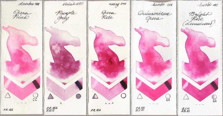 Daniel Smith 198 Opera Pink, Shinhan PWC 650 Purple Grey, Rosa Gallery 744 Opera Rose, Holbein Artists Watercolor 013 Opera (Quinacridone Opera), 170 Bright Rose (Luminou watercolor swatch