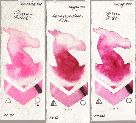 Daniel Smith 198 Opera Pink, Royal Talens Van Gogh Watercolour 366 Quinacridone Rose, Rosa Gallery 744 Opera Ro watercolor swatch