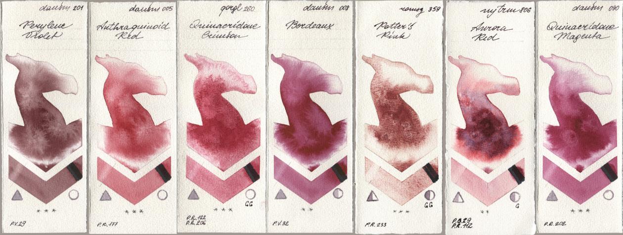 Daniel Smith 201 Perylene Violet, 005 Anthraquinoid Red, Golden QOR 260 Quinacridone Crimson, 008 Bordeaux, Roman Szmal Aquarius 359 Potters Pink, Mijello Mission Gold 806 Aurora Red, 090 Quinacridone Magen watercolor swatch