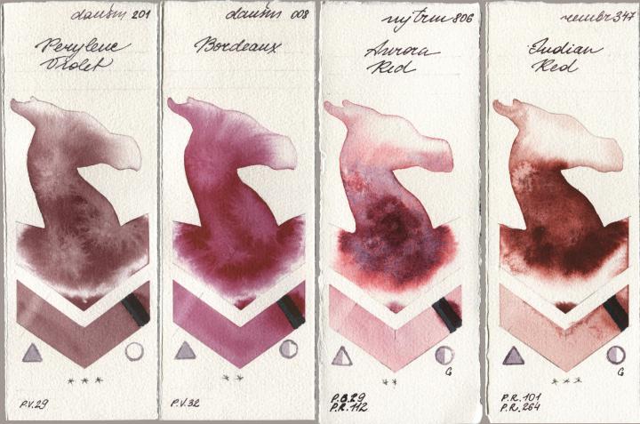 Daniel Smith 201 Perylene Violet, 008 Bordeaux, Mijello Mission Gold 806 Aurora Red, Royal Talens Rembrandt Watercolour 347 Indian R watercolor swatch