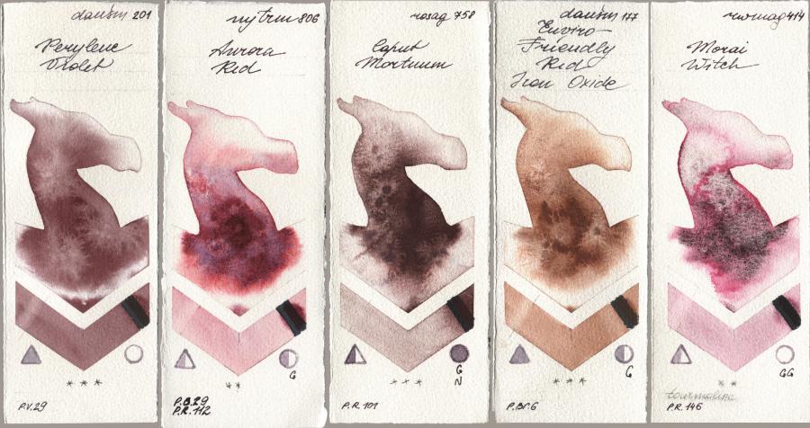Daniel Smith 201 Perylene Violet, Mijello Mission Gold 806 Aurora Red, Rosa Gallery 758 Caput Mortuum, 177 Enviro-Friendly Red Iron Oxide, Rockwell 414 Morai Wit watercolor swatch