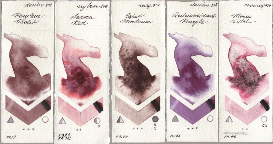 Daniel Smith 201 Perylene Violet, Mijello Mission Gold 806 Aurora Red, Rosa Gallery 758 Caput Mortuum, 225 Quinacridone Purple, Rockwell 414 Morai Wit watercolor swatch