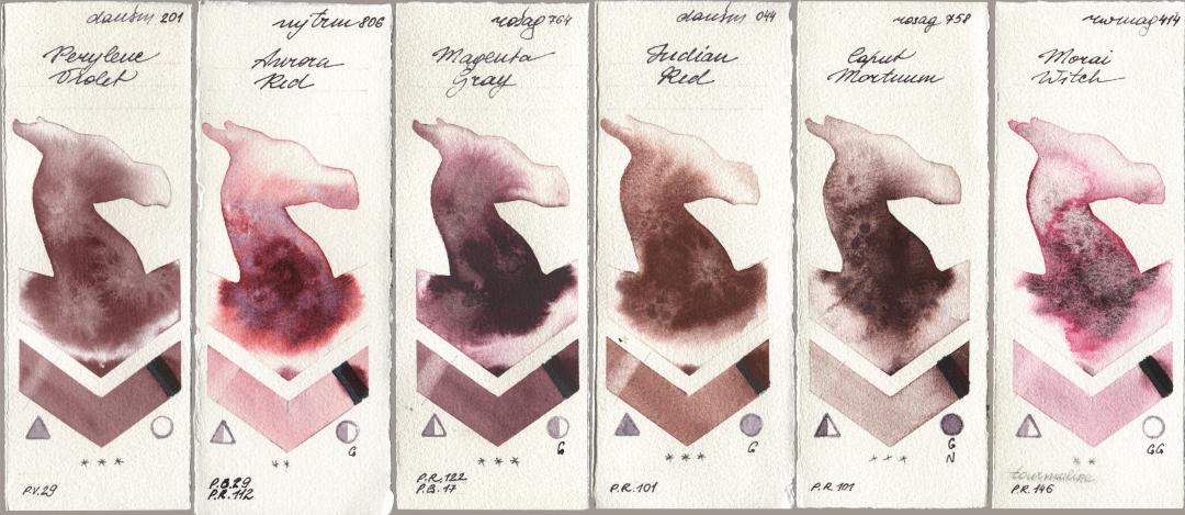 Daniel Smith 201 Perylene Violet, Mijello Mission Gold 806 Aurora Red, Rosa Gallery 764 Magenta Gray, 044 Indian Red, 758 Caput Mortuum, Rockwell 414 Morai Wit watercolor swatch