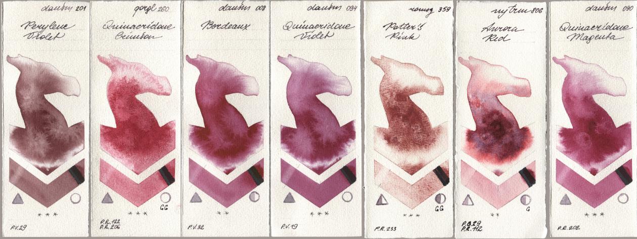 Daniel Smith 201 Perylene Violet, Golden QOR 260 Quinacridone Crimson, 008 Bordeaux, 094 Quinacridone Violet, Roman Szmal Aquarius 359 Potters Pink, Mijello Mission Gold 806 Aurora Red, 090 Quinacridone Magen watercolor swatch
