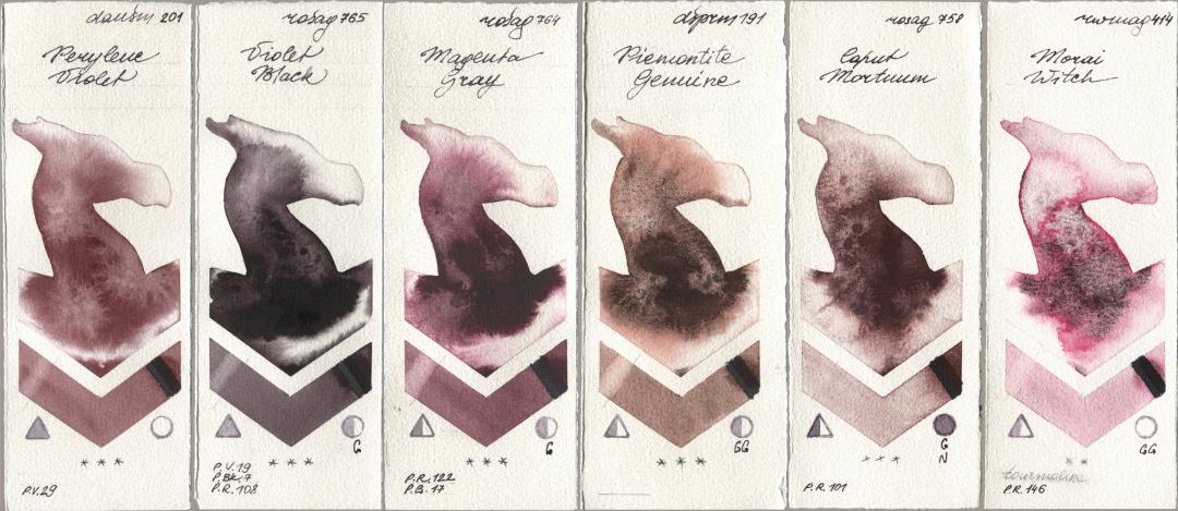 Daniel Smith 201 Perylene Violet, Rosa Gallery 765 Violet Black, 764 Magenta Gray, 191 Piemontite Genuine, 758 Caput Mortuum, Rockwell 414 Morai Wit watercolor swatch