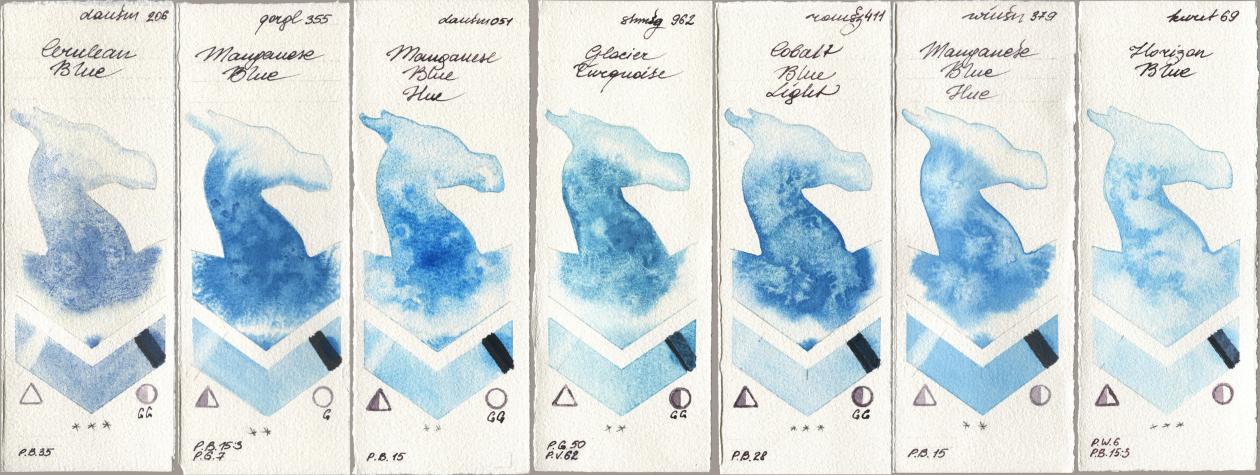 Daniel Smith 206 Cerulean Blue, Golden QOR 355 Manganese Blue, 051 Manganese Blue Hue, Shminke Horadam Aquarell 962 Glacier Turquoise, Roman Szmal Aquarius 411 Cobalt Blue Light, Winsor & Newton Professional 379 Manganese Blue Hue, Kuretake Gansai Tambi 069 Horizon Bl watercolor swatch