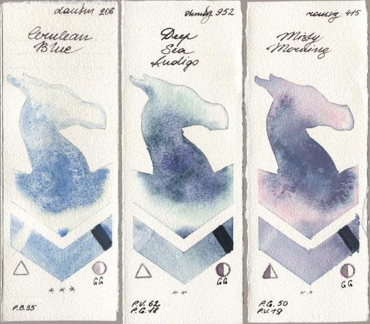 Daniel Smith 206 Cerulean Blue, Shminke Horadam Aquarell 952 Deep Sea Indigo, Roman Szmal Aquarius 415 Misty Morni watercolor swatch