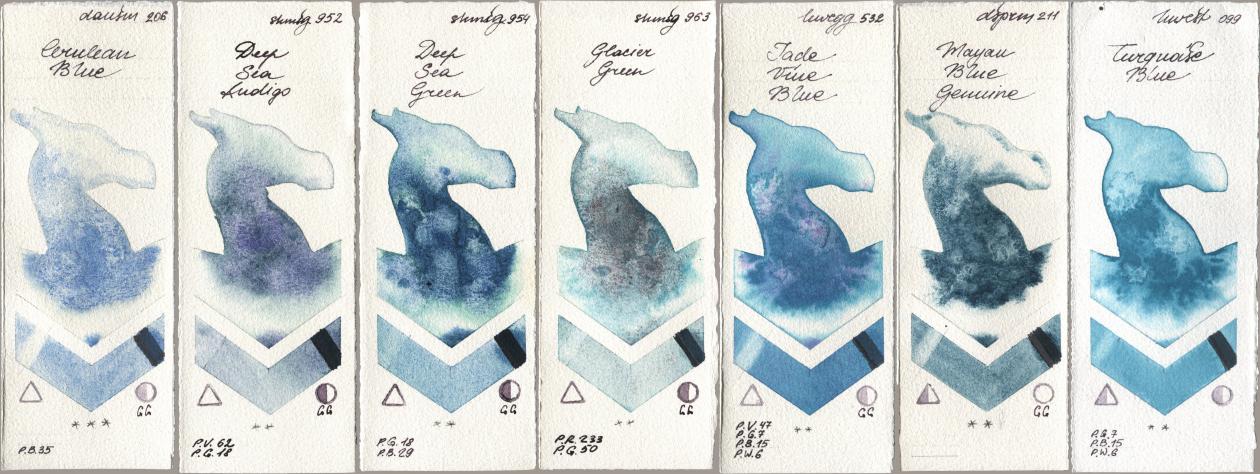 Daniel Smith 206 Cerulean Blue, Shminke Horadam Aquarell 952 Deep Sea Indigo, 954 Deep Sea Green, 963 Glacier Green, Holbein Artists Watercolor 532 Jade Vine Blue, 211 Mayan Blue Genuine, 099 Turquoise Bl watercolor swatch