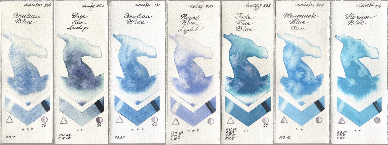 Daniel Smith 206 Cerulean Blue, Shminke Horadam Aquarell 952 Deep Sea Indigo, Winsor & Newton Professional 137 Cerulean Blue, Rosa Gallery 750 Royal Blue Light, Holbein Artists Watercolor 532 Jade Vine Blue, 379 Manganese Blue Hue, 104 Horizon Bl watercolor swatch