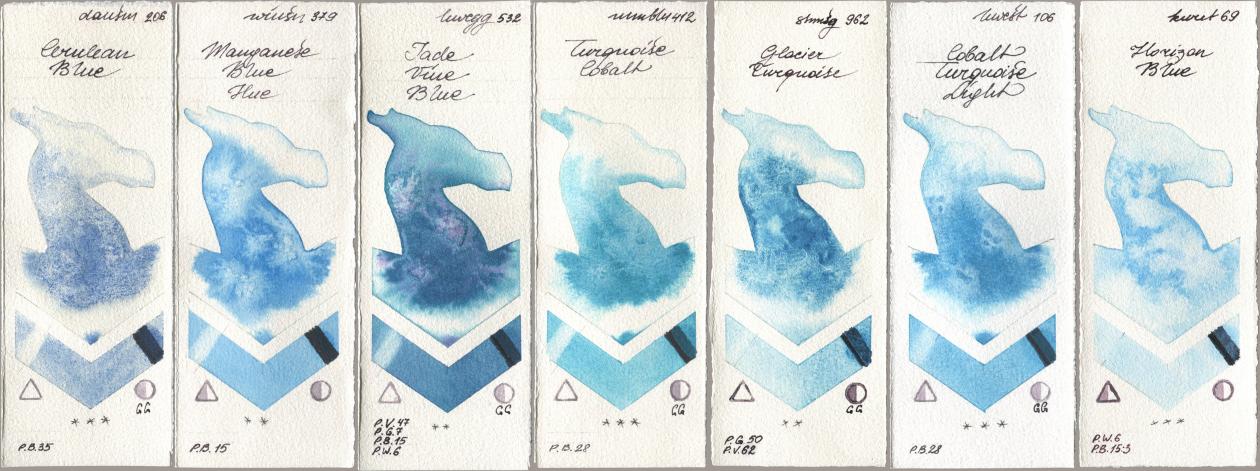 Daniel Smith 206 Cerulean Blue, Winsor & Newton Professional 379 Manganese Blue Hue, Holbein Artists Watercolor 532 Jade Vine Blue, Maimeri Blu 412 Turquoise Cobalt, Shminke Horadam Aquarell 962 Glacier Turquoise, 106 Cobalt Turquoise Light, Kuretake Gansai Tambi 069 Horizon Bl watercolor swatch