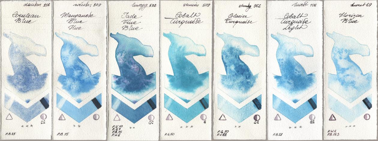 Daniel Smith 206 Cerulean Blue, Winsor & Newton Professional 379 Manganese Blue Hue, Holbein Artists Watercolor 532 Jade Vine Blue, Shminke Horadam Aquarell 509 Cobalt Turquoise, 962 Glacier Turquoise, 106 Cobalt Turquoise Light, Kuretake Gansai Tambi 069 Horizon Bl watercolor swatch