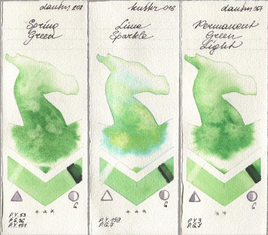 Daniel Smith 208 Spring Green, Kusakabe 016 Lime Sparkle, 067 Permanent Green Lig watercolor swatch