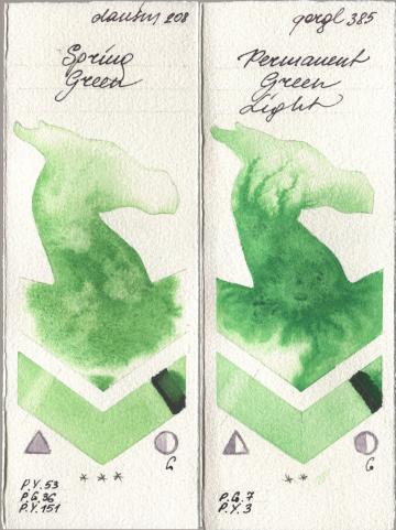Daniel Smith 208 Spring Green, Golden QOR 385 Permanent Green Lig watercolor swatch