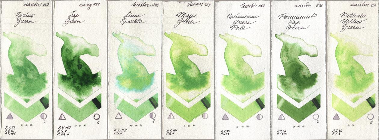 Daniel Smith 208 Spring Green, Rosa Gallery 728 Sap Green, Kusakabe 016 Lime Sparkle, Shminke Horadam Aquarell 524 May Green, Holbein Artists Watercolor 069 Cadmium Green Pale, Winsor & Newton Professional 503 Permanent Sap Green, 124 Phthalo Yellow Gre watercolor swatch