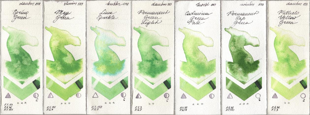 Daniel Smith 208 Spring Green, Shminke Horadam Aquarell 524 May Green, Kusakabe 016 Lime Sparkle, 067 Permanent Green Light, Holbein Artists Watercolor 069 Cadmium Green Pale, Winsor & Newton Professional 503 Permanent Sap Green, 124 Phthalo Yellow Gre watercolor swatch