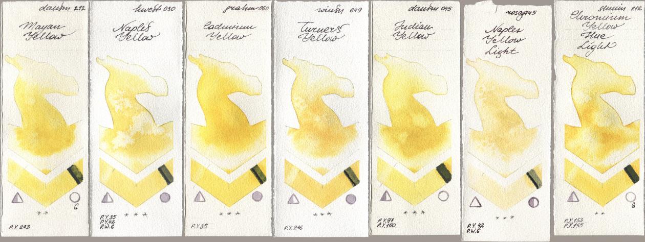 Daniel Smith 212 Mayan Yellow, Holbein Artists Watercolor 030 Naples Yellow, M. Graham & Co. Artists 060 Cadmium Yellow, Winsor & Newton Professional 649 Turners Yellow, 045 Indian Yellow, Rosa Gallery 745 Naples Yellow Light, Shminke Horadam Aquarell 212 Chromium Yellow Hue Lig watercolor swatch