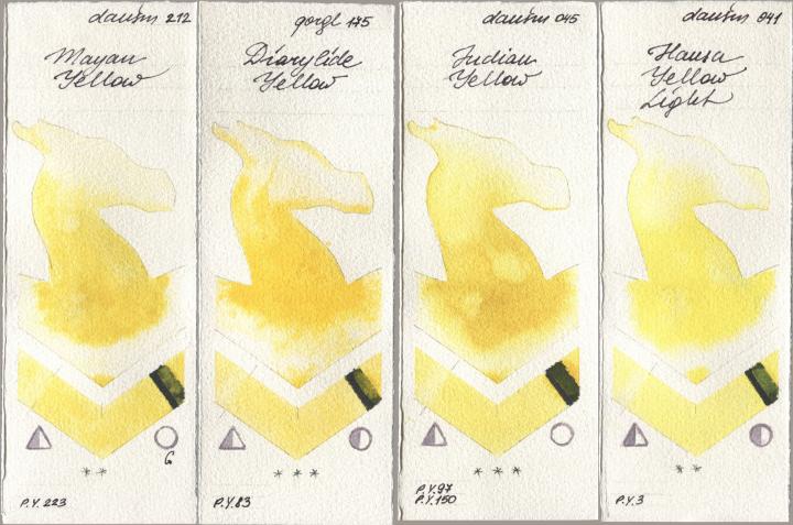 Daniel Smith 212 Mayan Yellow, Golden QOR 175 Diarylide Yellow, 045 Indian Yellow, 041 Hansa Yellow Lig watercolor swatch