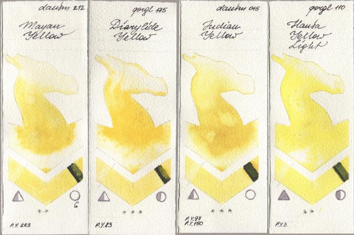 Daniel Smith 212 Mayan Yellow, Golden QOR 175 Diarylide Yellow, 045 Indian Yellow, 110 Hansa Yellow Lig watercolor swatch
