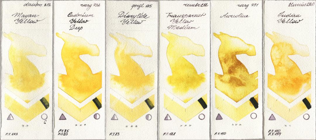 Daniel Smith 212 Mayan Yellow, Rosa Gallery 732 Cadmium Yellow Deep, Golden QOR 175 Diarylide Yellow, Royal Talens Rembrandt Watercolour 272 Transparent Yellow Medium, 751 Aureoline, Shminke Horadam Aquarell 220 Indian Yell watercolor swatch