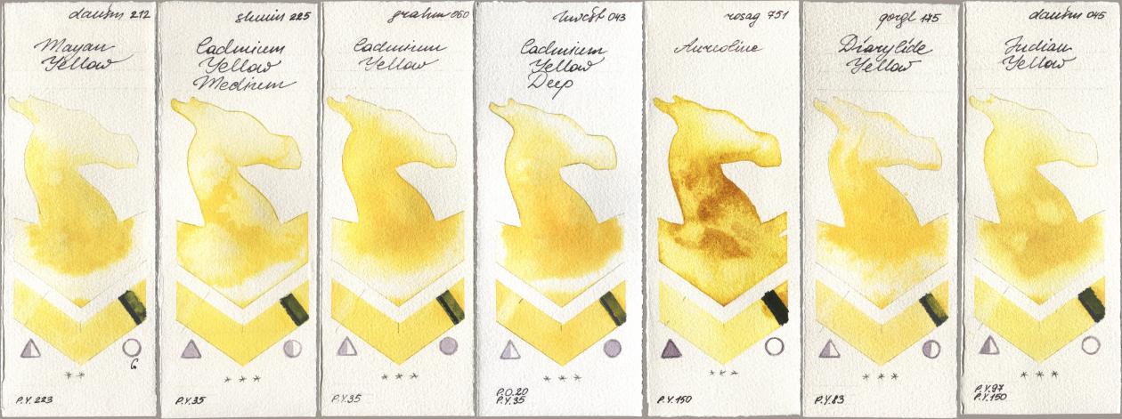 Daniel Smith 212 Mayan Yellow, Shminke Horadam Aquarell 225 Cadmium Yellow Medium, M. Graham & Co. Artists 060 Cadmium Yellow, Holbein Artists Watercolor 043 Cadmium Yellow Deep, Rosa Gallery 751 Aureoline, Golden QOR 175 Diarylide Yellow, 045 Indian Yell watercolor swatch