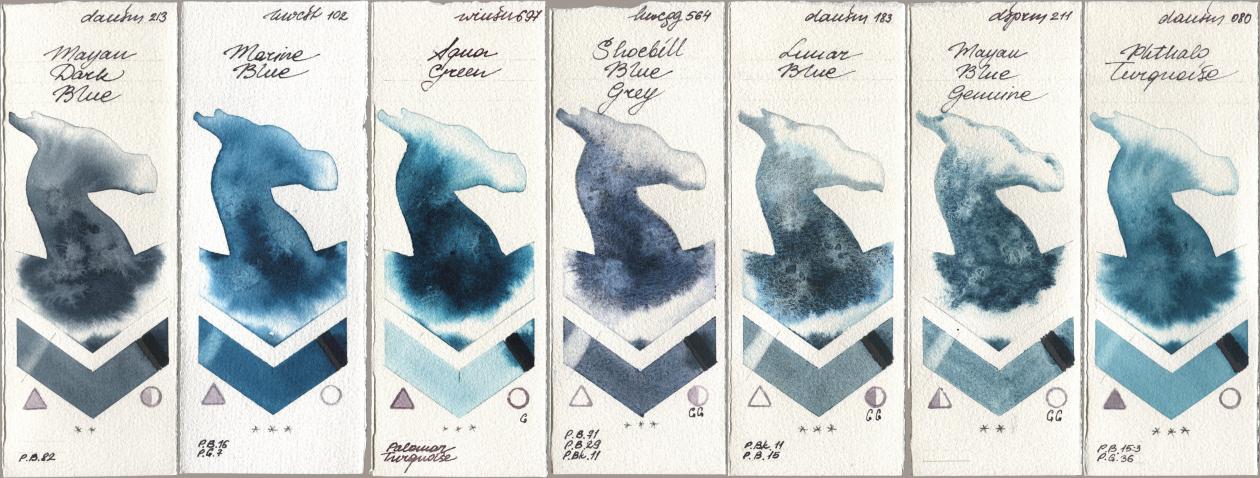 Daniel Smith 213 Mayan Dark Blue, Holbein Artists Watercolor 102 Marine Blue, Winsor & Newton Professional 697 Aqua Green, 564 Shoebill Blue Grey, 183 Lunar Blue, 211 Mayan Blue Genuine, 080 Phthalo Turquoi watercolor swatch