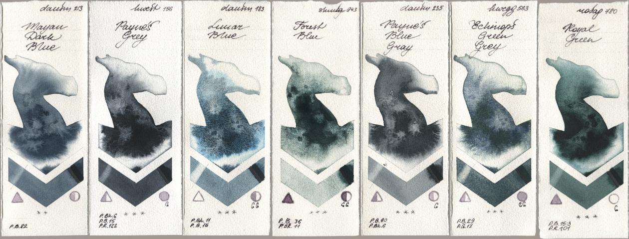 Daniel Smith 213 Mayan Dark Blue, Holbein Artists Watercolor 156 Paynes Grey, 183 Lunar Blue, Shminke Horadam Aquarell 943 Forest Blue, 235 Paynes Blue Gray, 563 Echinops Green Grey, Rosa Gallery 780 Royal Gre watercolor swatch