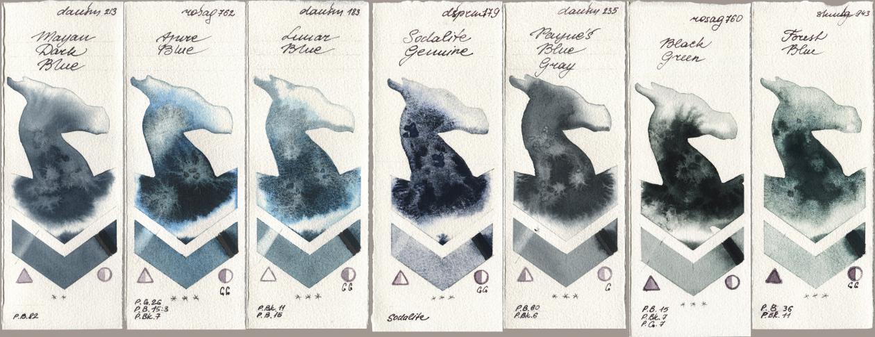 Daniel Smith 213 Mayan Dark Blue, Rosa Gallery 762 Azure Blue, 183 Lunar Blue, 179 Sodalite Genuine, 235 Paynes Blue Gray, 760 Black Green, Shminke Horadam Aquarell 943 Forest Bl watercolor swatch