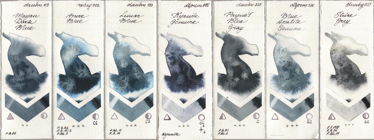 Daniel Smith 213 Mayan Dark Blue, Rosa Gallery 762 Azure Blue, 183 Lunar Blue, 186 Kyanite Genuine, 235 Paynes Blue Gray, 196 Blue Apatite Genuine, Shminke Horadam Aquarell 935 Shire Gr watercolor swatch
