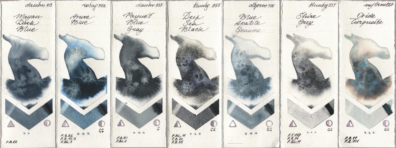 Daniel Smith 213 Mayan Dark Blue, Rosa Gallery 762 Azure Blue, 235 Paynes Blue Gray, Shminke Horadam Aquarell 955 Deep Sea Black, 196 Blue Apatite Genuine, 935 Shire Grey, Mijello Mission Gold 827 Oxide Turquoi watercolor swatch