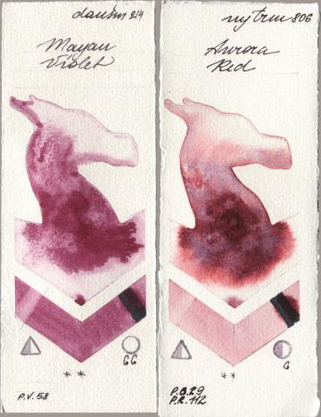 Daniel Smith 214 Mayan Violet, Mijello Mission Gold 806 Aurora R watercolor swatch