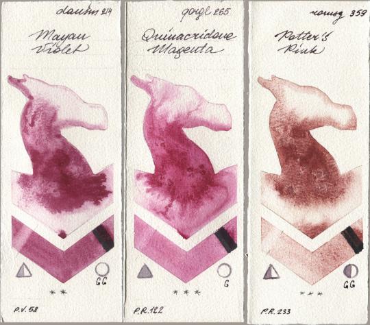 Daniel Smith 214 Mayan Violet, Golden QOR 265 Quinacridone Magenta, Roman Szmal Aquarius 359 Potters Pi watercolor swatch