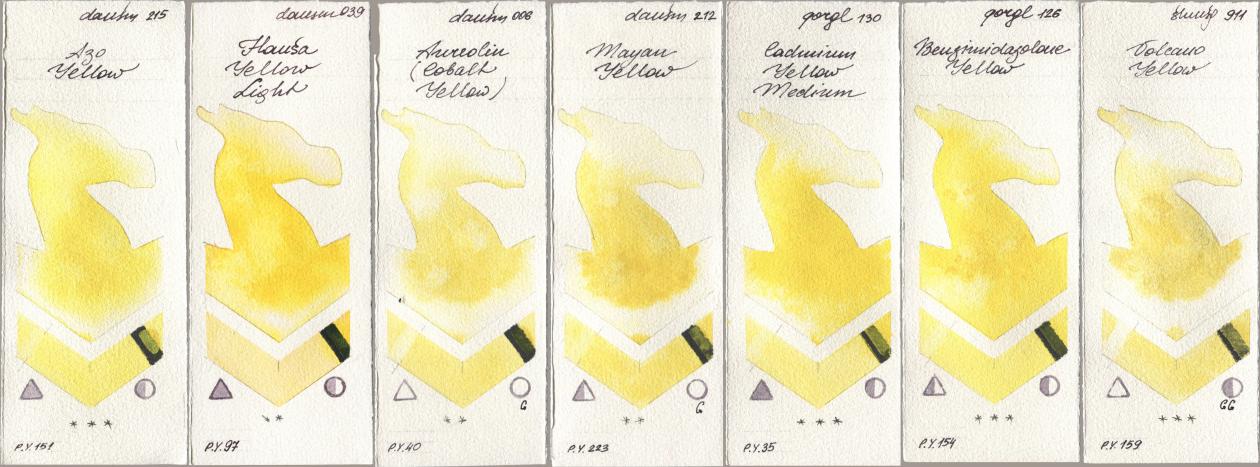 Daniel Smith 215 Azo Yellow, 039 Hansa Yellow Light, 006 Aureolin (Cobalt Yellow), 212 Mayan Yellow, Golden QOR 130 Cadmium Yellow Medium, 126 Benzimidazolone Yellow, Shminke Horadam Aquarell 911 Volcano Yell watercolor swatch